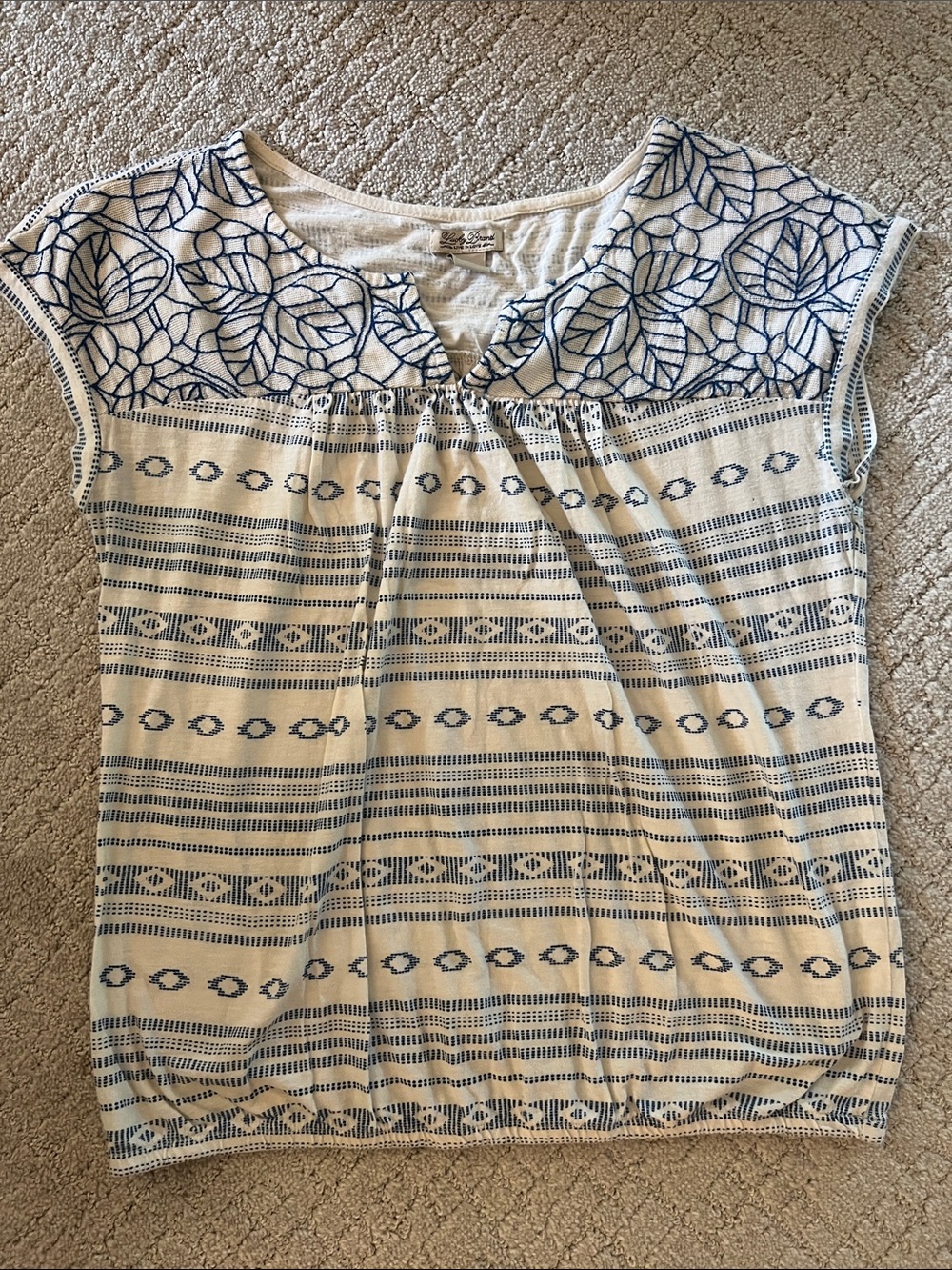 Lucky Brand Cream and Navy Embroidered Yoke Tunic Top
